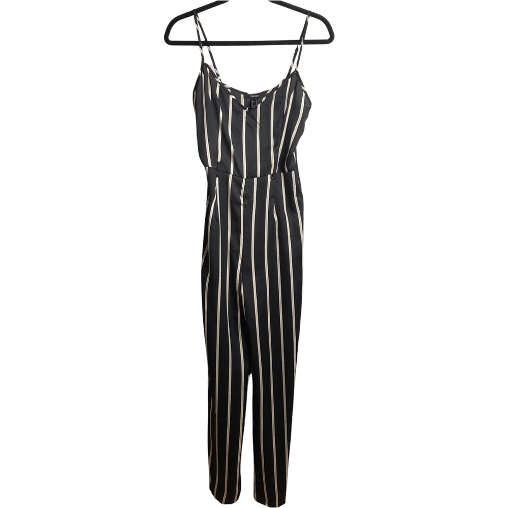 Forever 21 Black White Tan Vertical Striped Small Jumpsuit